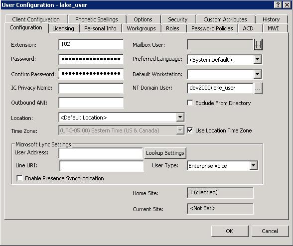 To verify that a valid CIC user account is entered for the Windows NT domain user 1. In Interaction Administrator, in the User Configuration dialog box, click the Configuration tab. 2.