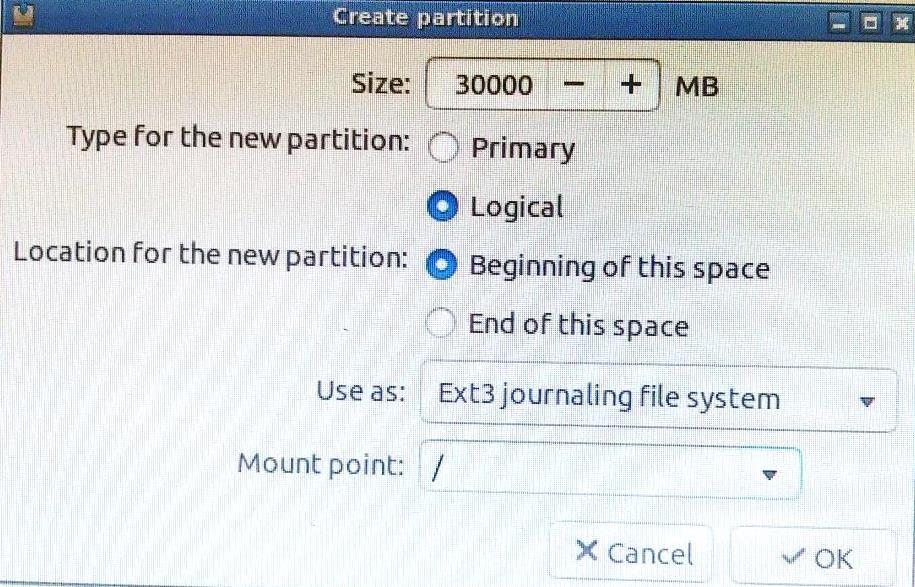Partition Size Mount Point File System root 30000 MB / Ext3 journaling file system swap area 4000 MB Not applicable Not applicable home
