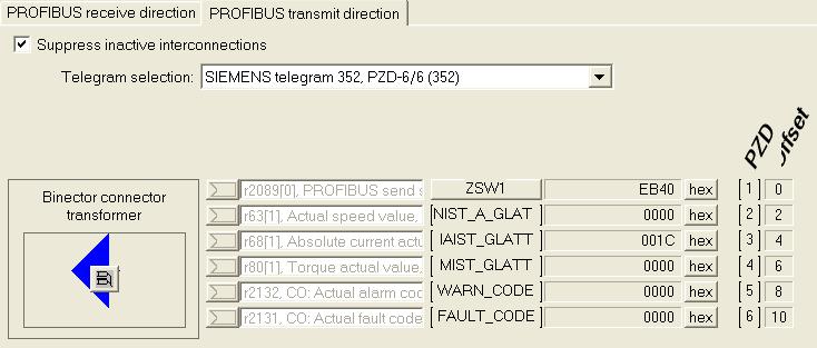 SIEMENS telegram 352, PZD-6/6 (352) PROFIBUS transmit direction ZSW1 PROFIBUS send status word, Status word 1 NIST_A Actual speed value, Smoothed with p0045