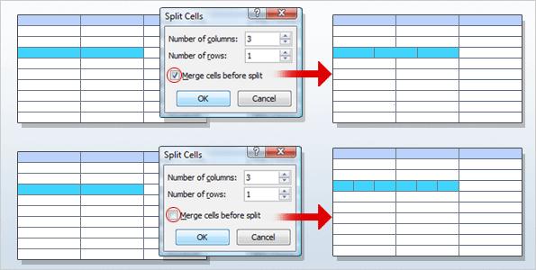 Split cells Splitting one cell is pretty straightforward. You just place your cursor in the cell you want split, click the Layout tab, and click Split.