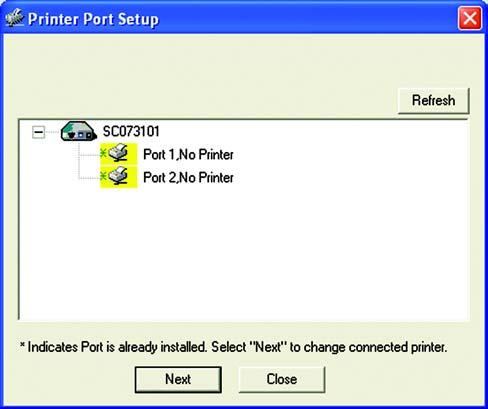 The Printer Port Setup screen will appear, as shown in Figure 5-7, and list the PrintServer and its ports. Select a printer port to add, and then click Next.
