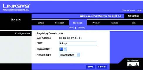 The Wireless Tab - Basic This screen allows you to change the PrintServer s basic wireless settings. Configuration.