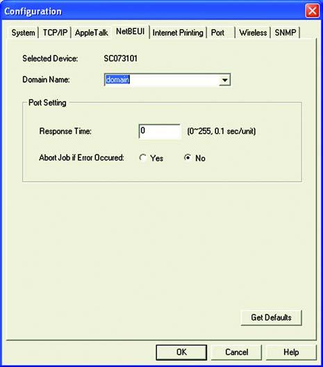 NetBEUI (Figure 8-15) Domain Name. Enter the name of the domain that you want the PrintServer associated with in the Domain Name field.