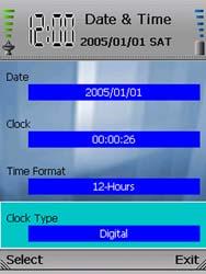 To change the format, highlight Time Format, and press the left softkey. Clock Type. There are two types available, Analog and Digital.