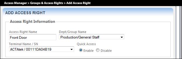 4.7 Add Access Right An access right is an access control policy used for binding an ACTAtek terminal to an access schedule with the associated department and access group.