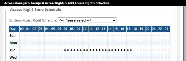After making setting changes to the Day & Time field, press the Modify Time button to review the changes made. The filled black dots are set for enabled while the light grey dots are set for disabled.