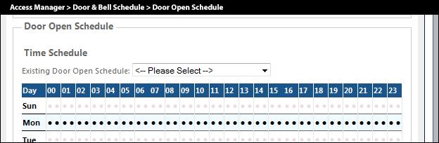 4.12 Door Open Schedule The administrator may set an open door policy to enforce any doors controlled by the ACTAtek terminals to be opened based on a set scheduled and closed otherwise.