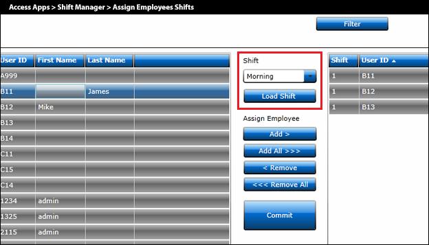 At the top, you can search by using the Filter option such that only users that meet the filter requirements either by User ID, First Name, Last Name, Shift, and/or Department will be presented in