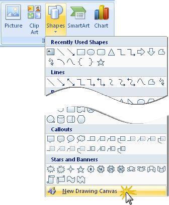 To draw shapes in the Drawing Canvas, choose shapes from the dropdown in the INSERT SHAPES section.