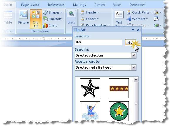 Inserting Clip Art When you insert clip art, a task pane will open that allows you to search for clip art based on keywords.