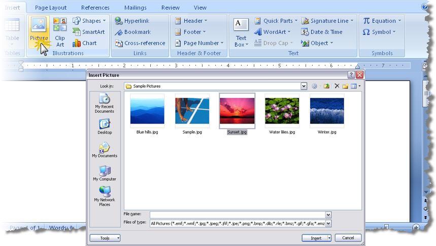Inserting Pictures When you insert a picture, a window will open so you can browse for your picture file.
