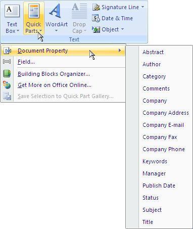 Quick Parts Quick Parts objects allow you insert information fields based on the document s properties.