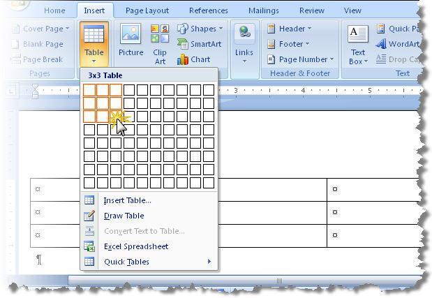 Tables Create your table from the INSERT tab. The Table button opens a dropdown where you can choose the dimensions of your table.