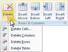 The ROWS & COLUMNS section allows you to insert rows and columns in the location of your choice. To delete cells, rows/columns, or the table itself, click the Delete dropdown.