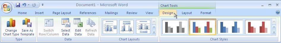 Close Excel and the CHART TOOLS set of tabs will appear, offering options to
