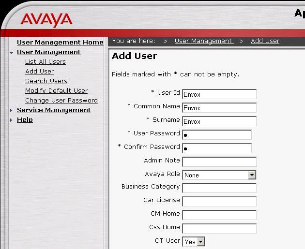 Administer Envox CT Connect User A user ID and a password need to be configured for the Envox CT Connect server to communicate as a TSAPI Client with the Avaya AES server.
