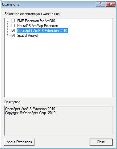 ArcGIS Extension 2010 - User's Guide 3. Launch ArcGIS Desktop and if the OpenSpirit toolbar is not visible then: Navigate to the Tools->Extension menu item and make sure that the Extension is enabled.