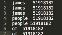 Sample document: The mapper s output is expected to be as follows: The above example indicates that the word james occurred 3 times in the document with docid 51918182 and people 2 times.