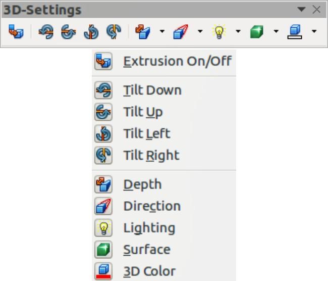 3D-Settings toolbar The 3D-Settings toolbar (Figure 9) is only used to edit a 3D shape that has been created from a 2D object using extrusion ( see Extrusion on page 5 for more information).