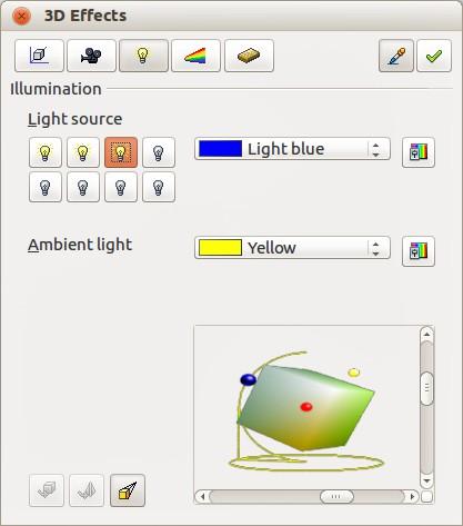 Figure 22: 3D Effects dialog - Illumination 3) Select a color for the light from the drop-down list for Light source. A different color can be used for each light source selected.