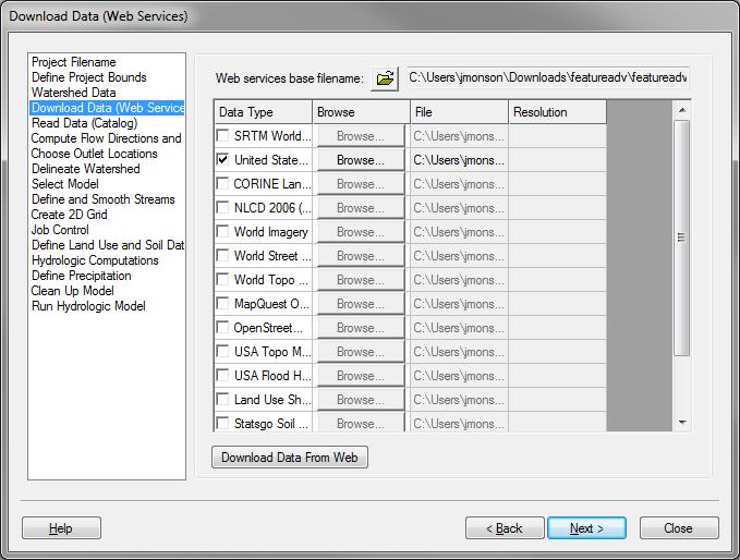 Click Next to go to the Download Data (Web Services) page of the Hydrologic Modeling Wizard dialog (Figure 3)