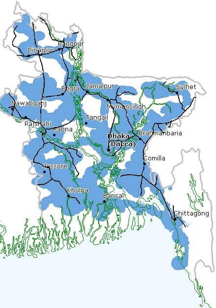 Grameen Coverage as of March 2004 Railway lines Fiber Links & Cellular Coverage Backbone is transferred from microwave links to optical fiber links Roughly 1,800-km fiber is installed along 2,900-km