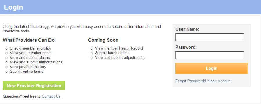 Provider Secure Portal From the landing page, you are able to perform various functions including: New Provider Registration