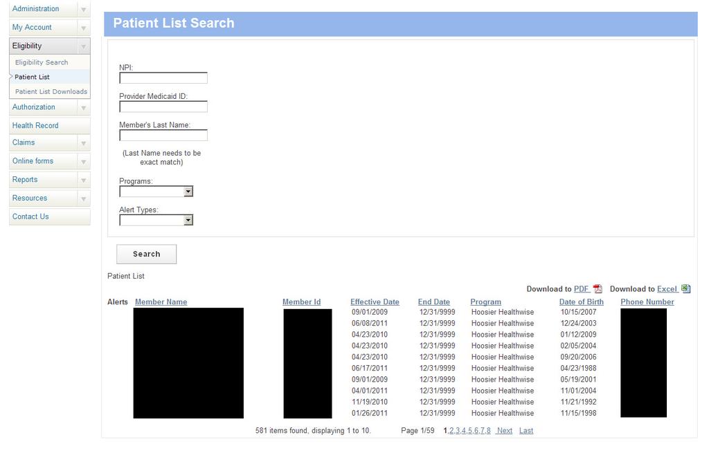 The Patient List screen displays two sections: Patient List Search fields, and Patient List Results.
