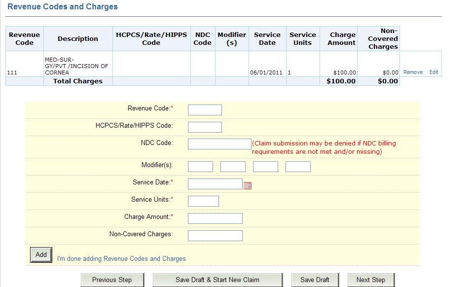 Revenue Codes and Charges When you have completed adding Other Revenue Codes and Charges,