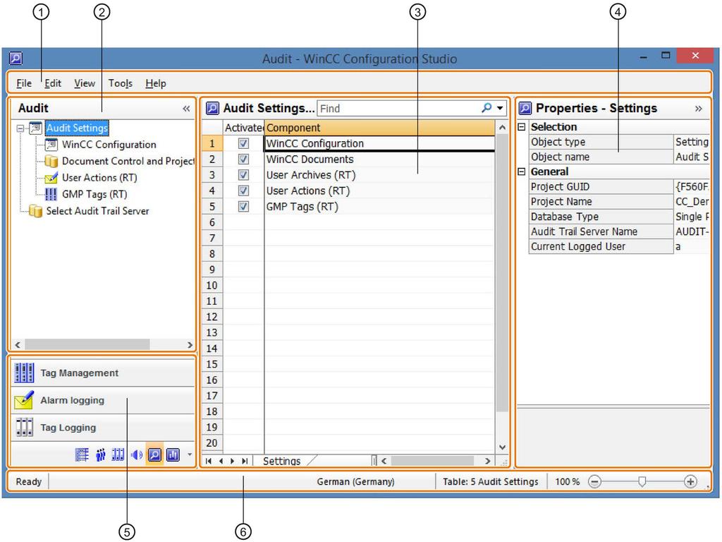 - Documentation 3.4 Audit basics Layout The Audit Editor has the following layout: 1 2 3 4 5 6 Menu bar: The menu bar contains commands to perform common functions in the Audit Editor.