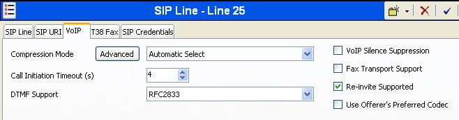 Select the VoIP tab, to set the Voice over Internet Protocol parameters of the SIP line. Set the parameters as shown below. Set the Compression Mode to Automatic Select.