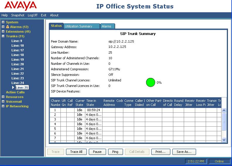 7. Verification Steps The following steps may be used to verify the configuration: Use the Avaya IP Office System Status application