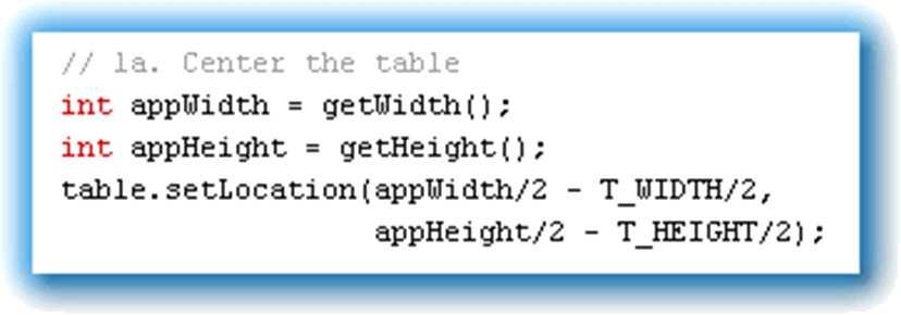 Center the Table Center the table like you centered your GLabel To create the table, we'll use the GRect class.