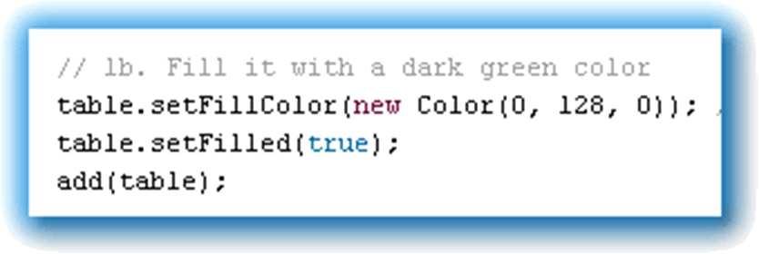 1C. Color the Table GRect is a fillable class has optional background Specify the color using setfillcolor() Turn filling on using setfilled() Add the table to the surface of the app Slide 14 1C.