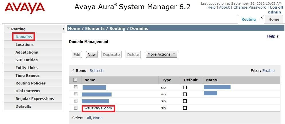The following screen shows the list of configured SIP domains. The domain ws.avaya.com was already being created for communication Session Manager and Communication Manager. The domain ws.avaya.com is not known to the Windstream.