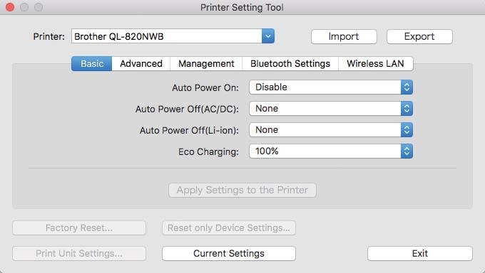 Changing the Label Printer Settings Settings Dialog Box 4 2 1 3 4 4 5 6 7 1 Printer Lists the connected printers. 2 Import Imports settings from a file. 3 Export Saves the current settings in a file.