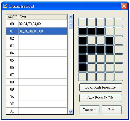Tips: Create/Revise the Standard Character Fonts This function allows user to create or revise the Character Font with the assistance of the menu: ASCII code Font Table Dot Matrix Area 1.