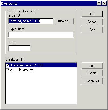 Exercise One: Building and Running a C Program 6. From the Settings menu, choose Breakpoints to view the breakpoints set in your program.