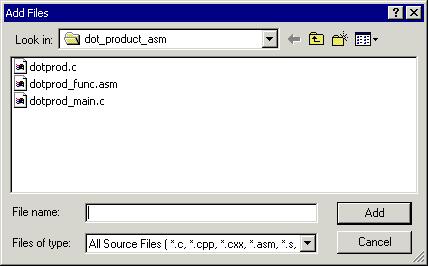 Exercise Two: Calling an Assembly Routine and Creating an LDF Step 2: Add Source Files to dot_product_asm To add the source files to the new project: 1.