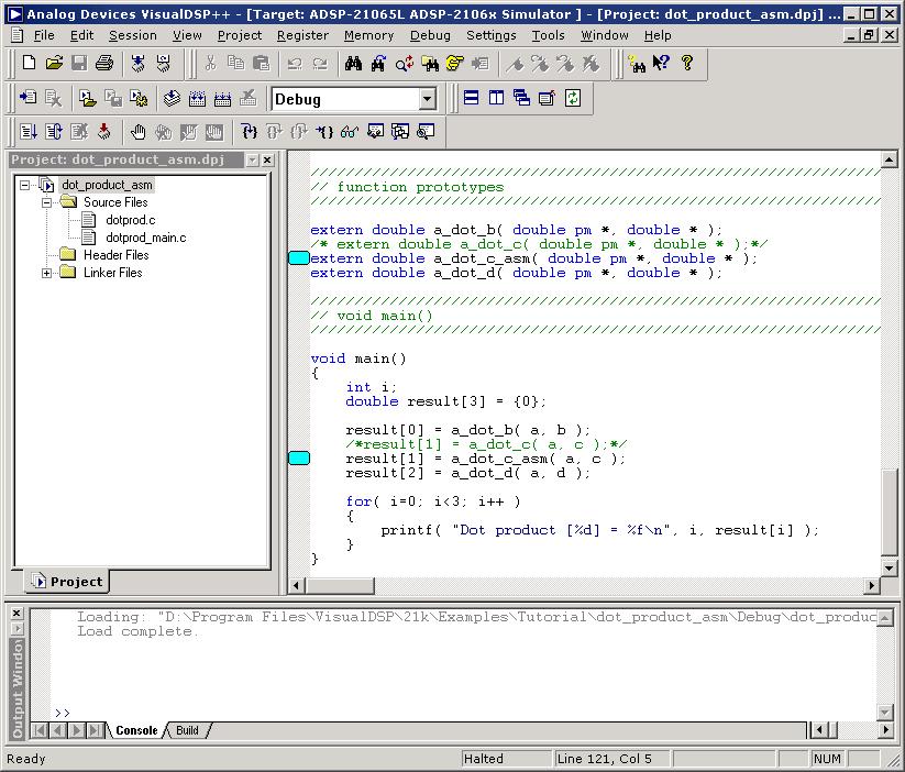 Tutorial Figure 2-19. Editor Window: Modifying dotprod_main.c to Call a_dot_c_asm 7. From the File menu, choose Save to save the changes to the file. 8.