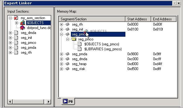 Exercise Two: Calling an Assembly Routine and Creating an LDF Figure 2-22. Dragging $OBJECTS onto seg_pmco From the Tools menu, choose Expert Linker and Save to save the modified file.