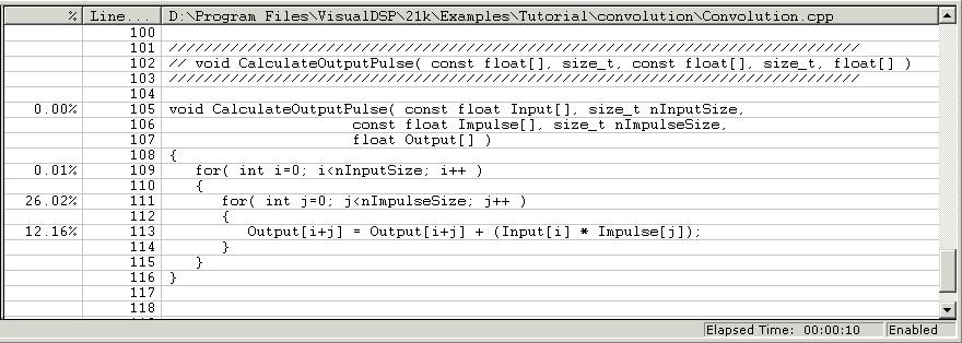 Tutorial Double-clicking on a line in the left pane displays the corresponding source code for the profile data in the right pane, as shown in Figure 2-36. If you are prompted to look for convolution.