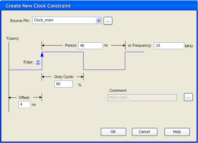 Example 2: This example shows how to create a clock with 25MHz frequency, 4ns offset for its first rising edge, and 60% duty cycle using the SmartTime Constraints Editor.