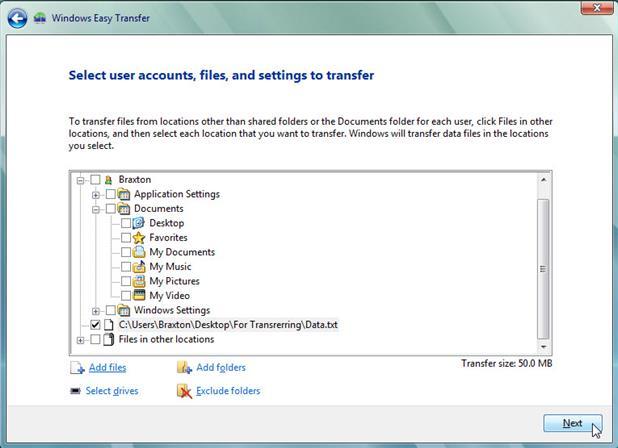 The Select user accounts, files, and settings to transfer window opens.