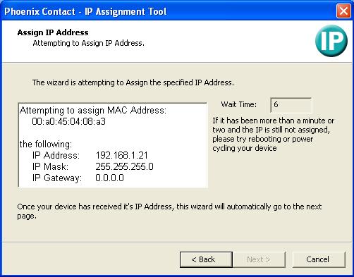 Address" window Following successful transmission, the next window opens. Figure 3 "Set IP Address" window with incorrect settings Adapt the IP parameters to your requirements.