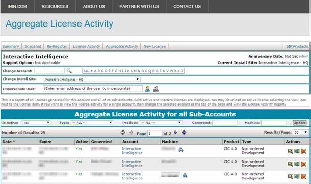Existing License Update The Account Summary page appears, with a summary of all ordered items available to license for