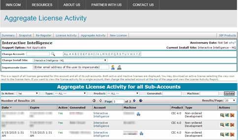 For information regarding actions you can perform on this page, see License activity and aggregate license activity pages in this document.