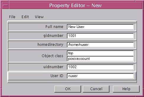 FIGURE 1 Property Editor Window Notice that not all the attributes for the posixaccount object class appear in the Property Editor form.