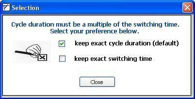 If you change the switching time (unidirectional), make sure that the cycle duration is a multiple of the switching time. Otherwise, a new window will open, as shown below.