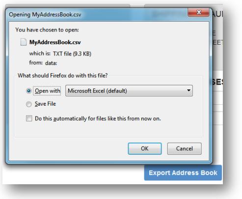 Export Addresses As superuser, you can download the entire address list as a csv file. In the Address List section, select the blue Export Address Book button.
